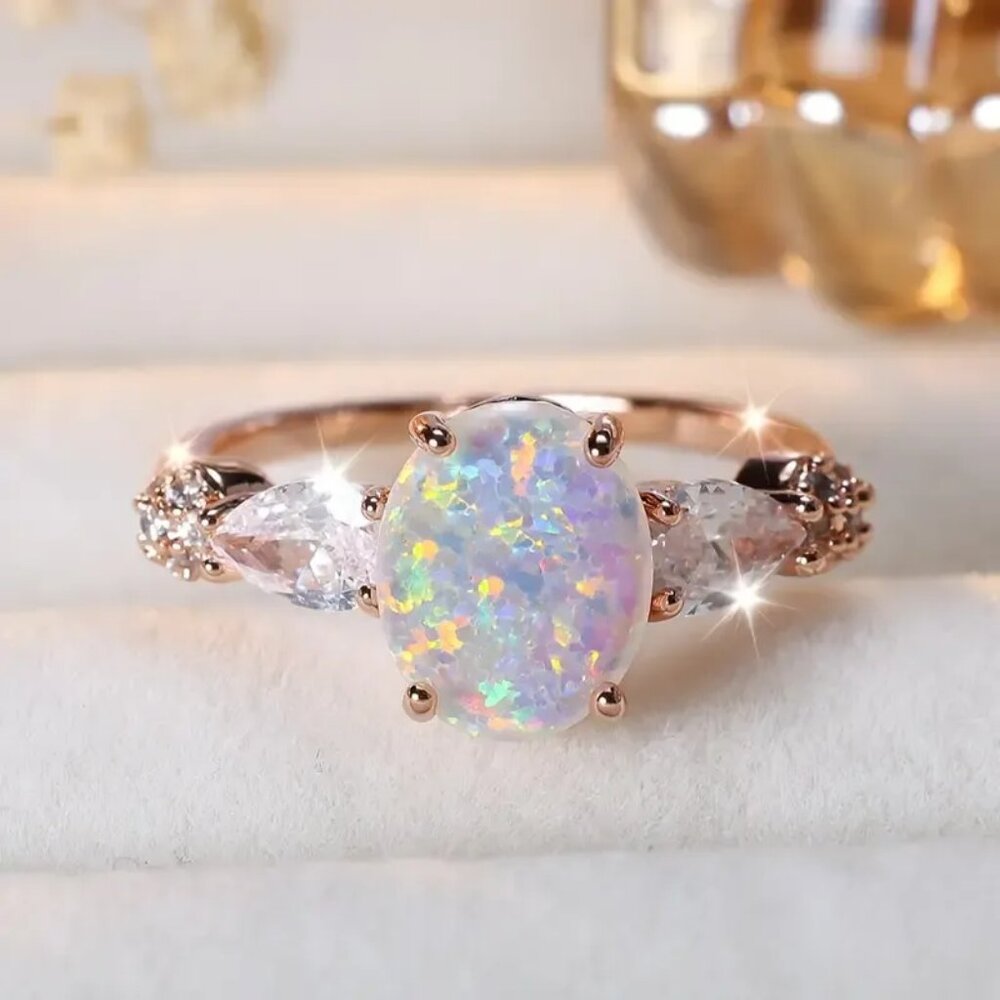 White Oval Shaped Opal Rings Ethiopian Fire Opal Engagement Ring 14K Gold plated - Picture 2 of 5